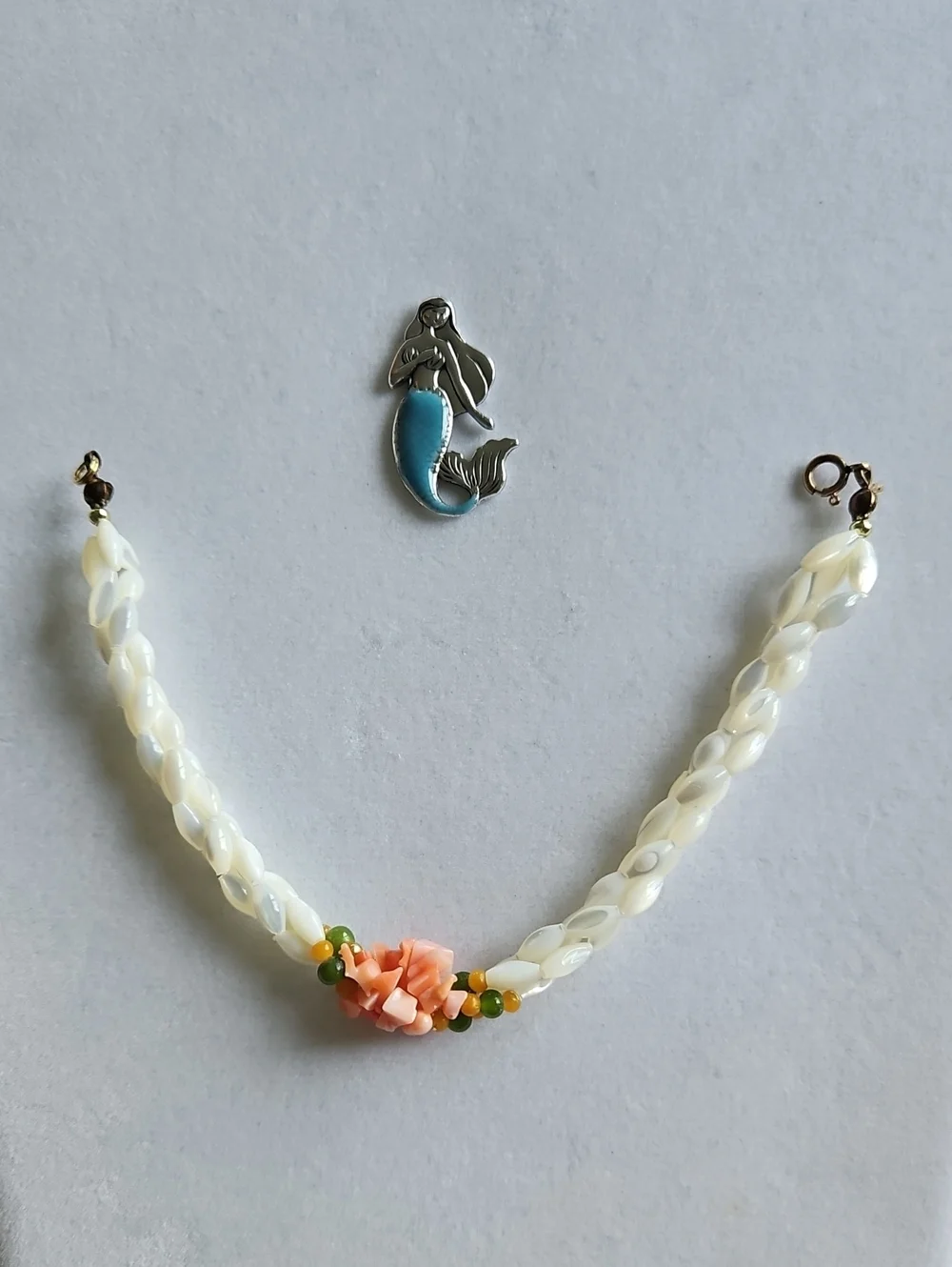 Vintage Mother of Pearl, Coral and Jade Bracelet